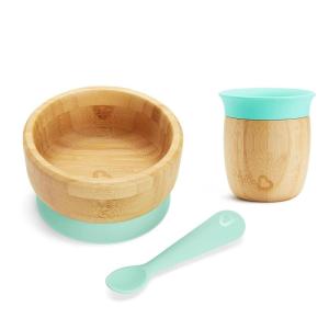 imageMunchkin Bambou Open Training Cup Suction Bowl and Spoon Set for Babies and Toddlers NonToxic Bamboo and FoodGrade SiliconeCup  Suction Bowl and Spoon