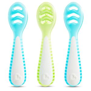 imageMunchkin Gentle Dip Baby Spoons for Self Feeding and Baby Led Weaning 3 Pack PinkPurpleBlueGreen