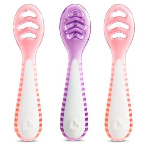 imageMunchkin Gentle Dip Baby Spoons for Self Feeding and Baby Led Weaning 3 Pack PinkPurpleCoralPurple