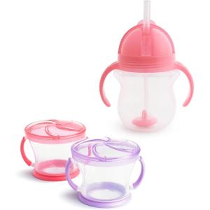 imageMunchkin Happy Snacker Snack Catcher and Any Angle Weighted Straw Trainer Cup Set 4 Pack BlueGreenPinkPurple