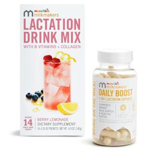 imageMunchkin Milkmakers Oatmeal Chocolate Salted Caramel Lactation Cookie Bites and 2in1 Supplements  Supports Breast Milk Supply and Healthy DuctsLactation Supplement  Berry Lemonade Drink Mix