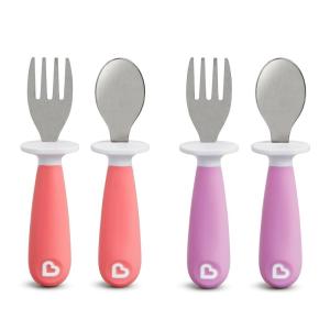 imageMunchkin Raise Toddler Fork and Spoon Utensil Set Rest Keeps Tip Off Table BPA Free 4 Pack BlueGreenPinkPurple