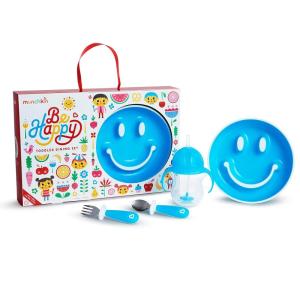 imageMunchkin Be Happy Toddler Dining Set Includes Suction Plate Straw Cup and Utensil Set PinkBlue