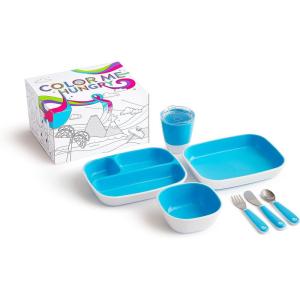 imageMunchkin Color Me Hungry 7pc Toddler Feeding Supplies Set Includes Plates Bowl Open Cup and Utensils in a Gift Box BlueBlue 7pc Set