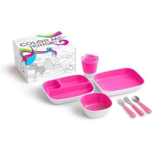 imageMunchkin Color Me Hungry 7pc Toddler Feeding Supplies Set Includes Plates Bowl Open Cup and Utensils in a Gift Box BluePink 7pc Set