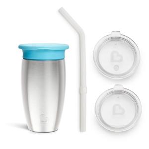 imageMunchkin Sippy Cup for Toddlers Miracle 360 Stainless Steel with Straw Cup and Open Sipper Lid Grow with Me Kit 10 Ounce BlueBlue  Sipper and Straw Lid